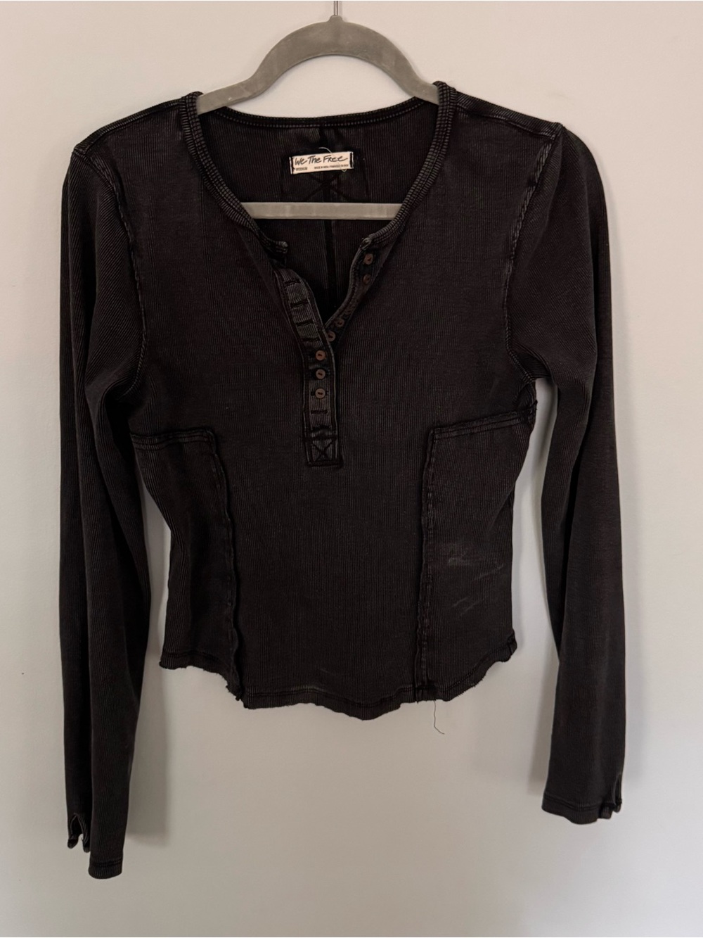 Free People We The Free Ribbed Henley Long Sleeve Top Black Washed Medium